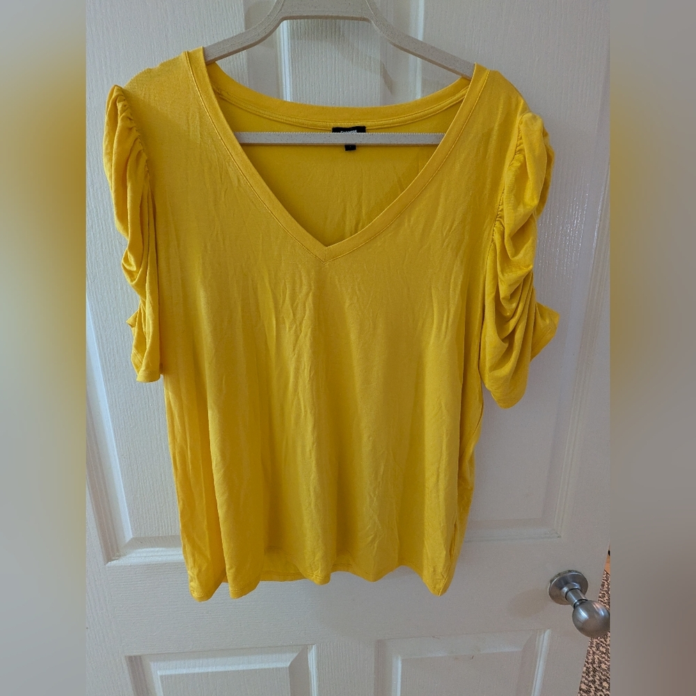 Express Bright Yellow V-Neck Top with Ruched Sleeves